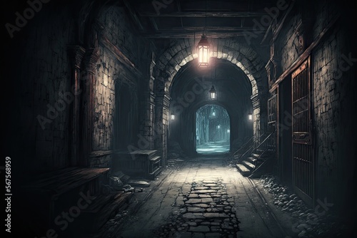 underground lair or dungeon, abandoned cellar ruins for fantasy adventure table top role playing game setting. creepy and foreboding entry way where monsters may live. Generative AI. 