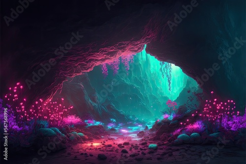 glowing underwater cave with bioluminescent magical alien plants, pink and purple ambiance and magical setting for fantasy role playing table top game. Generative AI