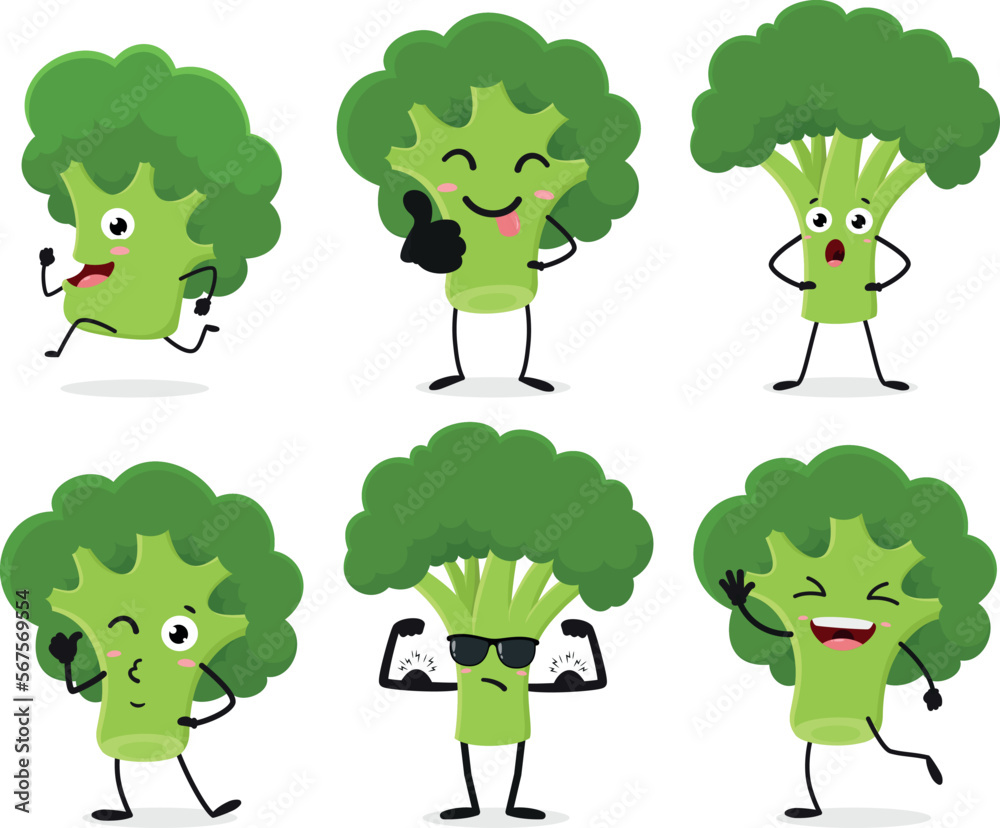 Set of cartoon broccoli vegetables characters Set of cartoon broccoli vegetables characters