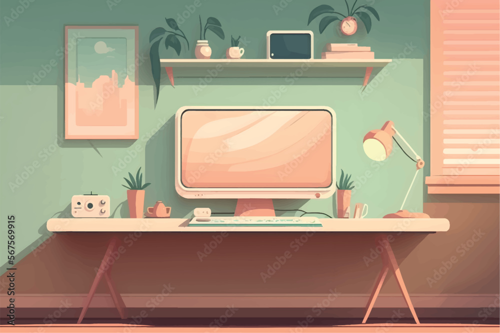 Computer desk background in office, soft colors, flat minimalist design Computer desk background in office, soft colors, flat minimalist design