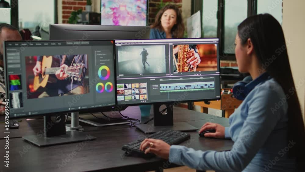 Videography expert editing video footage in post production agency house, improving montage quality on creative software. Video editor working on movie or film lighting, filmmaking industry.