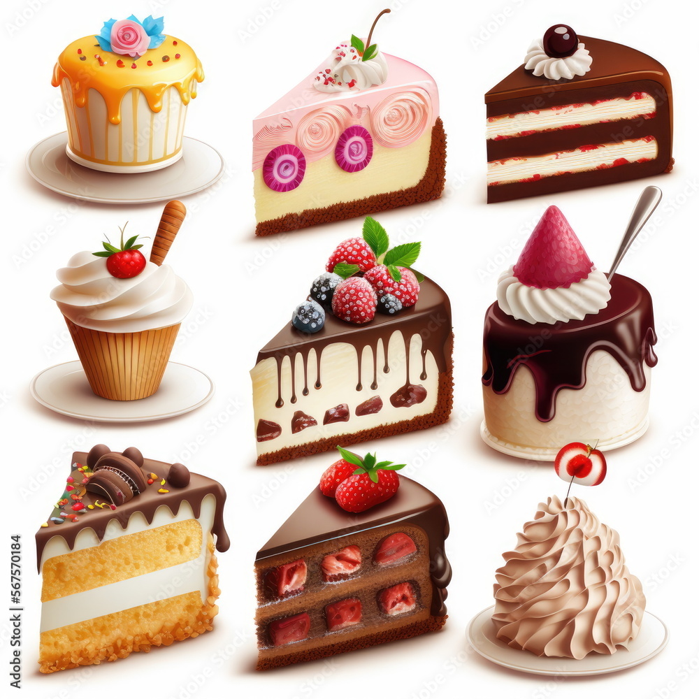 Collection set of cake on white background, Made by AI,Artificial intelligence