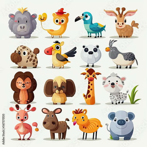 Set of cartoon animal, cute characters ,vector illustration, white background, Made by AI,Artificial intelligence