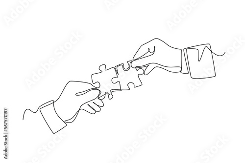 Single one line drawing Hands connecting jigsaw puzzle. Human relation Concept. Continuous line draw design graphic vector illustration.