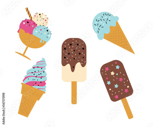 Ice cream set. Collection of graphic elements for site. Dessert and delicacy, symbol of summer holidays in tropical and exotic countries. Cartoon flat vector illustrations isolated on white background