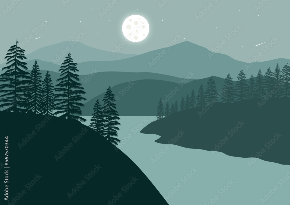 Beautiful landscape with lake, pine forest and mountains at night. Vector illustration.