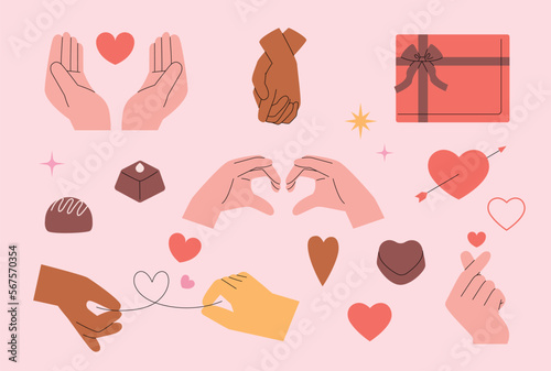 Valentines day. A collection of hand gestures expressing love and couples, chocolates, hearts, and gifts.
