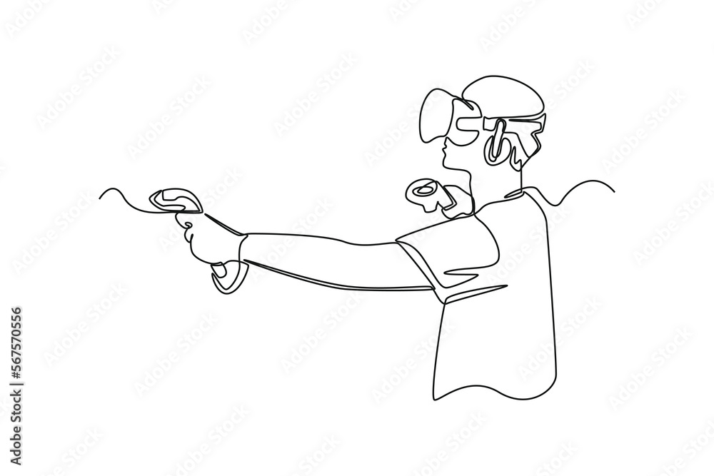 Continuous one line drawing happy boy wearing Virtual Reality VR Headset. E-sports game concept. Single line draw design vector graphic illustration. Continuous one line drawing happy boy wearing Virtual Reality VR Headset. E-sports game concept. Single line draw design vector graphic illustration.