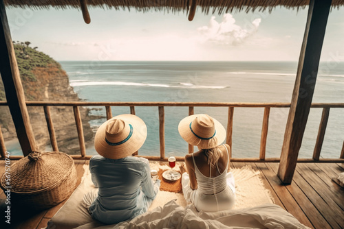 Relaxed couple with straw hats chilling enjoying beautiful views over the ocean, paradisiac tropical beach, sunday vacation morning ai generative © Mr. Bolota