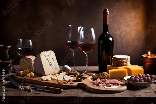 Rustic table with delicious table of cheeses, wines, bread, dry fruits, ai generative