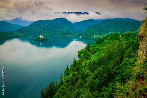 Lake Bled and Santa Maria Church from above, idyllic landscape of Slovenia photo