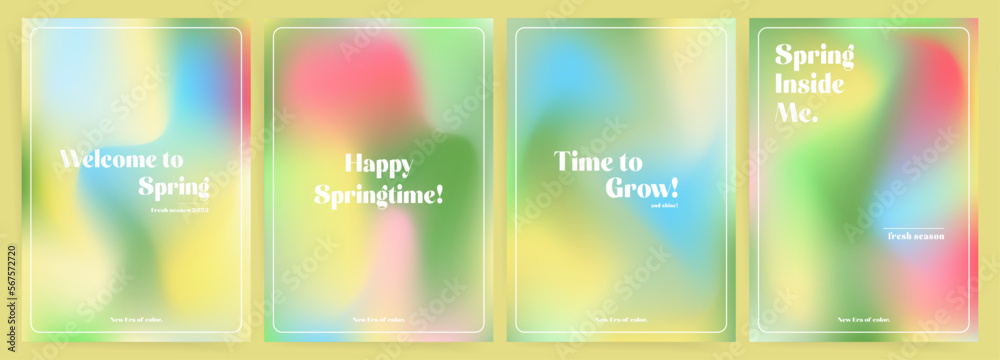 Fototapeta premium Set of spring posters or postcards. Mesh gradient hippy art design. Invitation, book or magazine cover, greeting card templates with floral spring gradients. Wave green gradient layout template set.