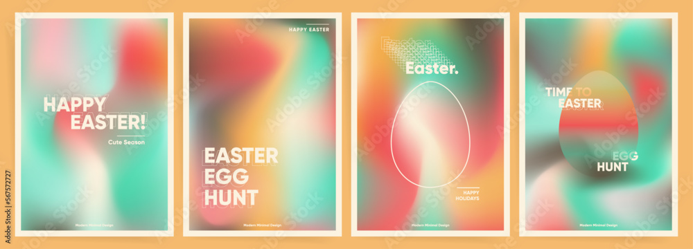 Set of  Happy Easter posters or postcards. Mesh gradient Easter Egg Hunt art design. Invitation, book or magazine cover, greeting card templates with color gradients. Wave layout spring set.
