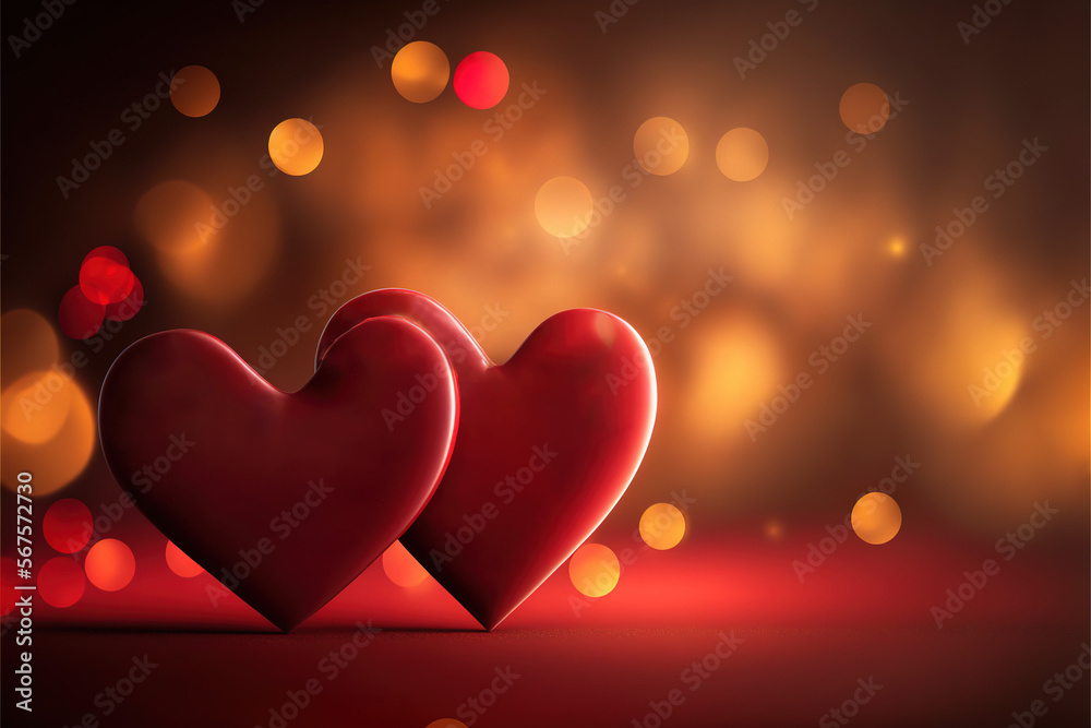 Greeting card for Saint Valentine's Day with two red hearts on a bokeh background. Generative AI Greeting card for Saint Valentine's Day with two red hearts on a bokeh background. Generative AI