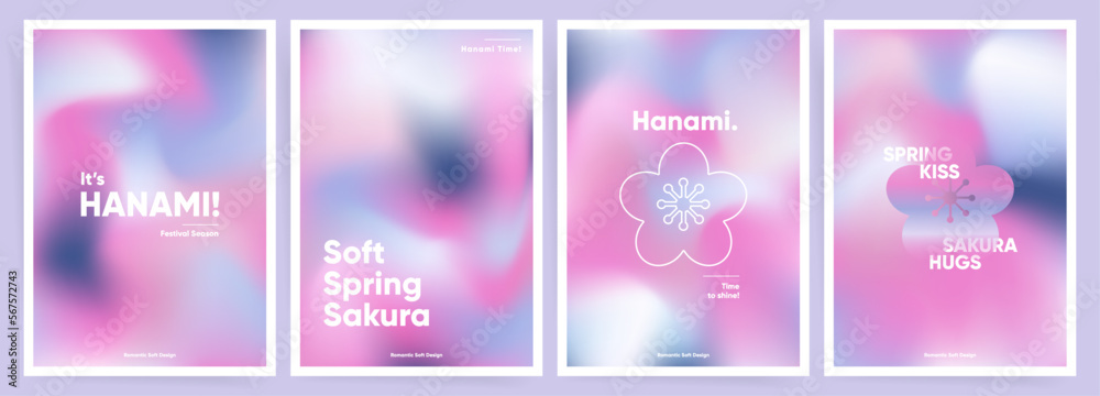 Set of Hanami Spring posters or postcards. Pink cute gradient Japanese Spring art design. Invitation, book or magazine cover, greeting card templates with futuristic gradients. Sakura wave layout set.