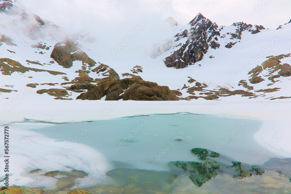 Melting frozen lake, Andes landscape in Tierra Del fuego, Ushuaia, Argentina