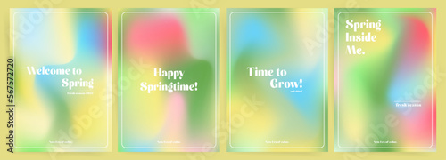 Set of spring posters or postcards. Mesh gradient hippy art design. Invitation, book or magazine cover, greeting card templates with floral spring gradients. Wave green gradient layout template set. photo