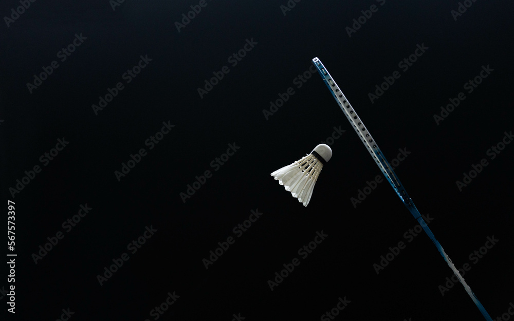 slow motion of the shuttlecock falling on the badminton racket black ...