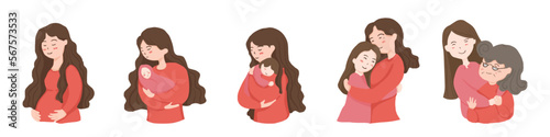 set of beautiful mom and cute child embracing each other. in each life stage of mother and daughter full of love ,care and hug. isolated vector flat illustration.