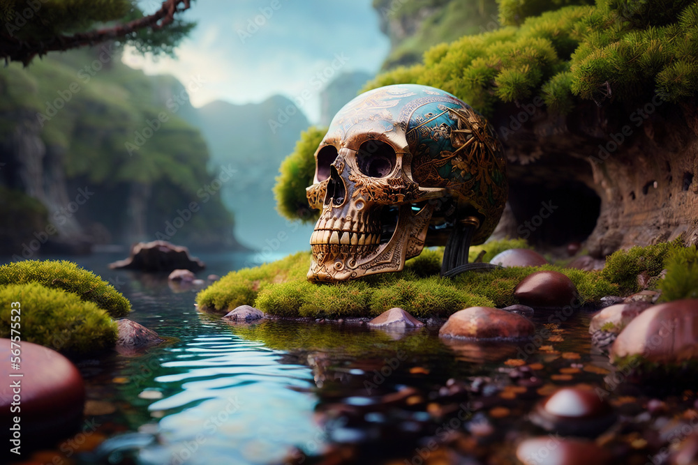 Engraved Skeleton Skull with Intricate Detail Amidst a Majestic River Scene Generative AI Photo