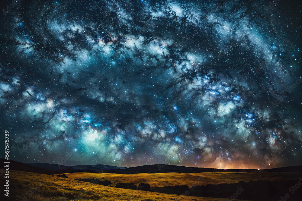 Galaxy Vortex Soaring Above a Tranquil Dreamlike Meadow Landscape Generative AI Photo