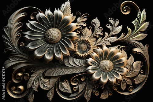 Golden carved daisies background. Generative AI. 