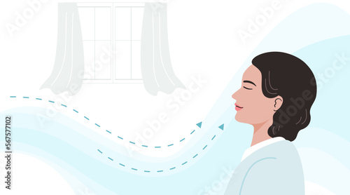 Side view of a smiling woman breathing fresh air at home. Flat vector illustration. photo