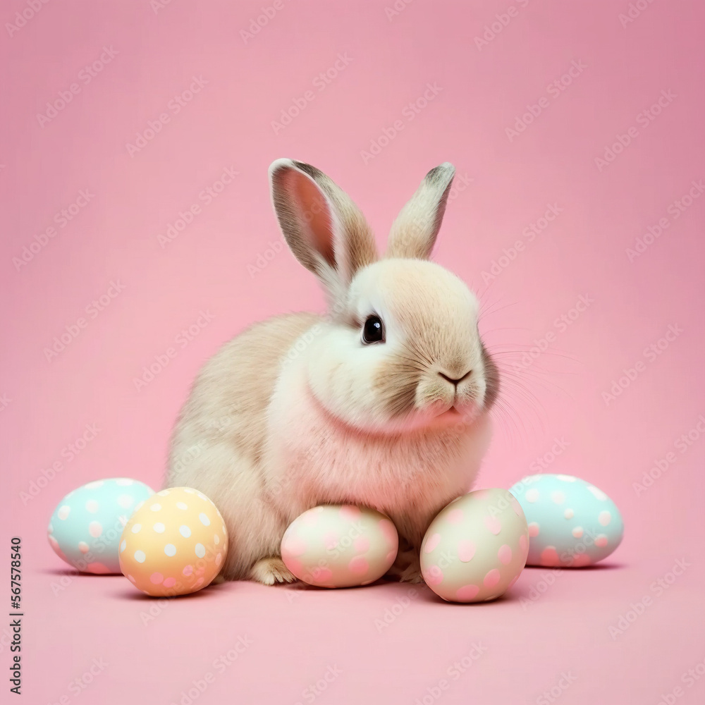 Cute springtime easter bunny with easter eggs on a pink background, Generative AI Cute springtime easter bunny with easter eggs on a pink background, Generative AI