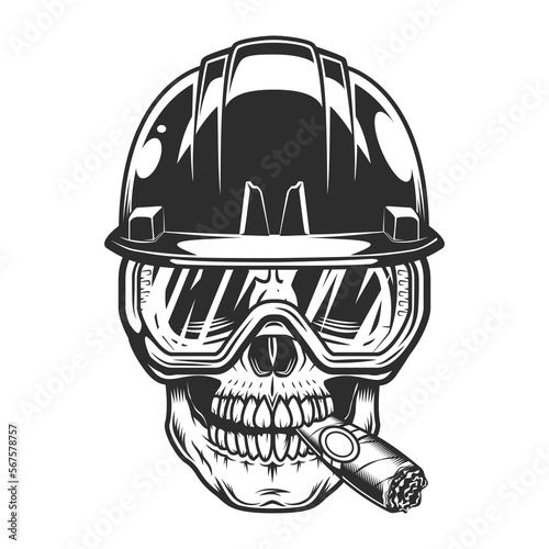 New construction builder skull smoking cigar or cigarette smoke in hard hat and safety glasses from business remodeling house vintage style illustration