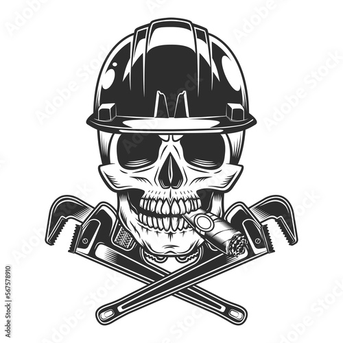 Vintage skull smoking cigar or cigarette smoke in hard hat with body shop mechanic spanner repair tool or construction wrench for gas and builder plumbing pipe in monochrome style illustration