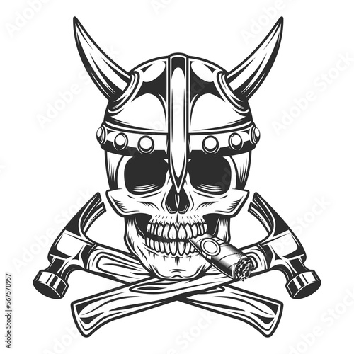 Skull smoking cigar or cigarette smoke with viking helmet and crossed hammer business builder from new construction and remodeling house illustration