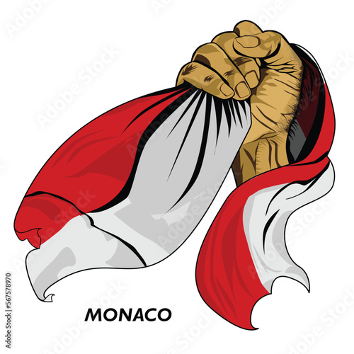 Fisted hand holding Monacan flag. Vector illustration of Hand lifted and grabbing flag. Flag draping around hand. Editable and scalable Eps format, Monacan