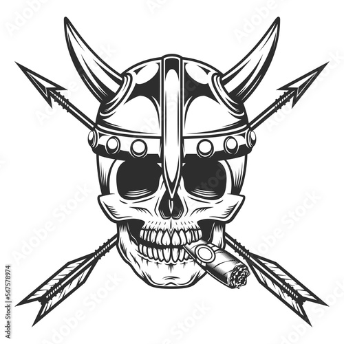 Viking skull smoking cigar or cigarette smoke with horned helmet and vintage hunting arrow in monochrome style isolated illustration. Design element for label or sign and emblem