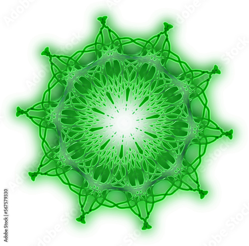 The translucent mandala of one of the chakras melted with metallic reflections, turning emerald green. Isolated on transparent. png format.