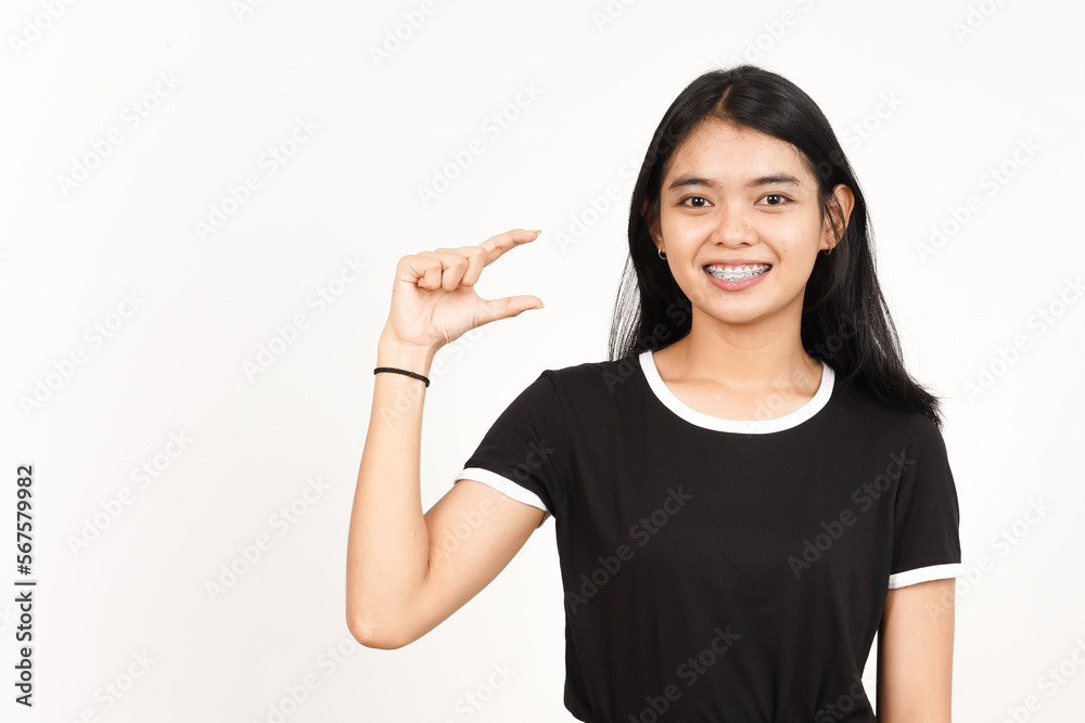 Measuring and Showing Small Sign Product Of Beautiful Asian Woman Isolated On White Background Measuring and Showing Small Sign Product Of Beautiful Asian Woman Isolated On White Background