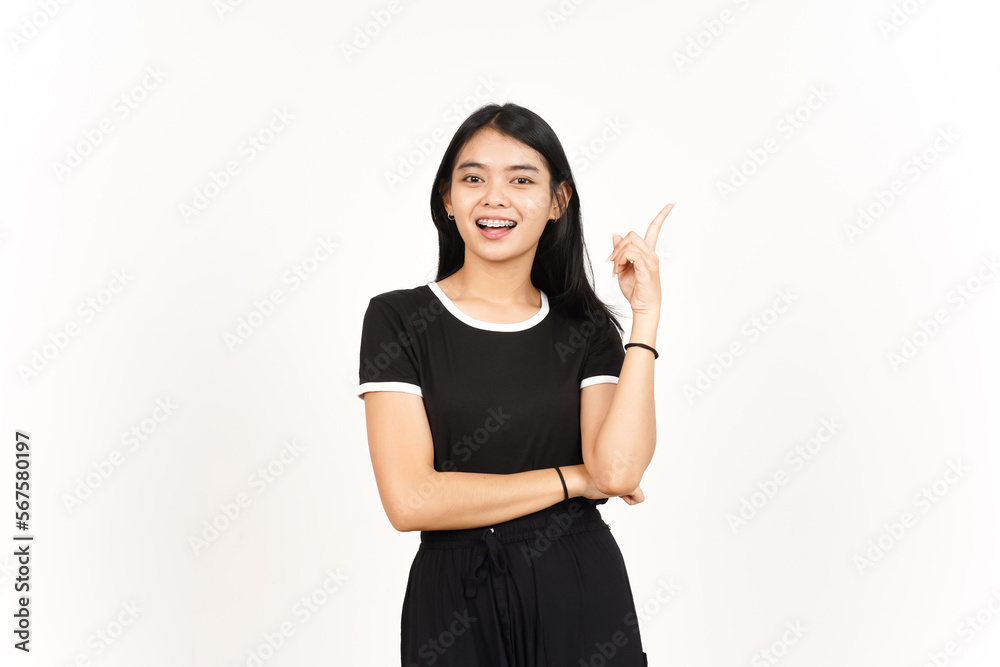 Showing Product and Pointing Side using forefinger Of Beautiful Asian Woman Isolated On White Showing Product and Pointing Side using forefinger Of Beautiful Asian Woman Isolated On White