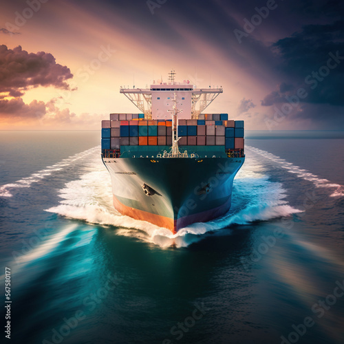 Container ship transporting container boxes in import and export with quay crane, global business cargo freight shipping commercial trade logistics and transportation oversea worldwide, generative ai