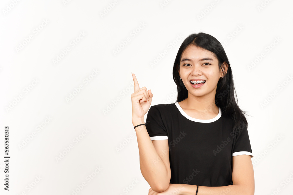 Showing Product and Pointing Side using forefinger Of Beautiful Asian Woman Isolated On White Showing Product and Pointing Side using forefinger Of Beautiful Asian Woman Isolated On White