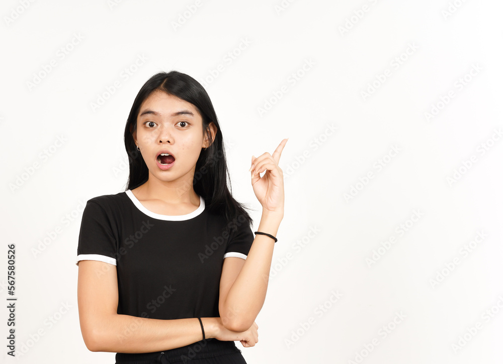 Showing Product and Pointing Side using forefinger Of Beautiful Asian Woman Isolated On White Showing Product and Pointing Side using forefinger Of Beautiful Asian Woman Isolated On White