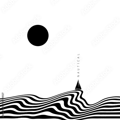 Hypnotic optical vector illustration. Multidimensional oceanic waves with a yacht, sun, and "Nautical" text.