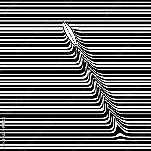 Hypnotic optical vector illustration. Multidimensional sea waves with sup board drifting through.