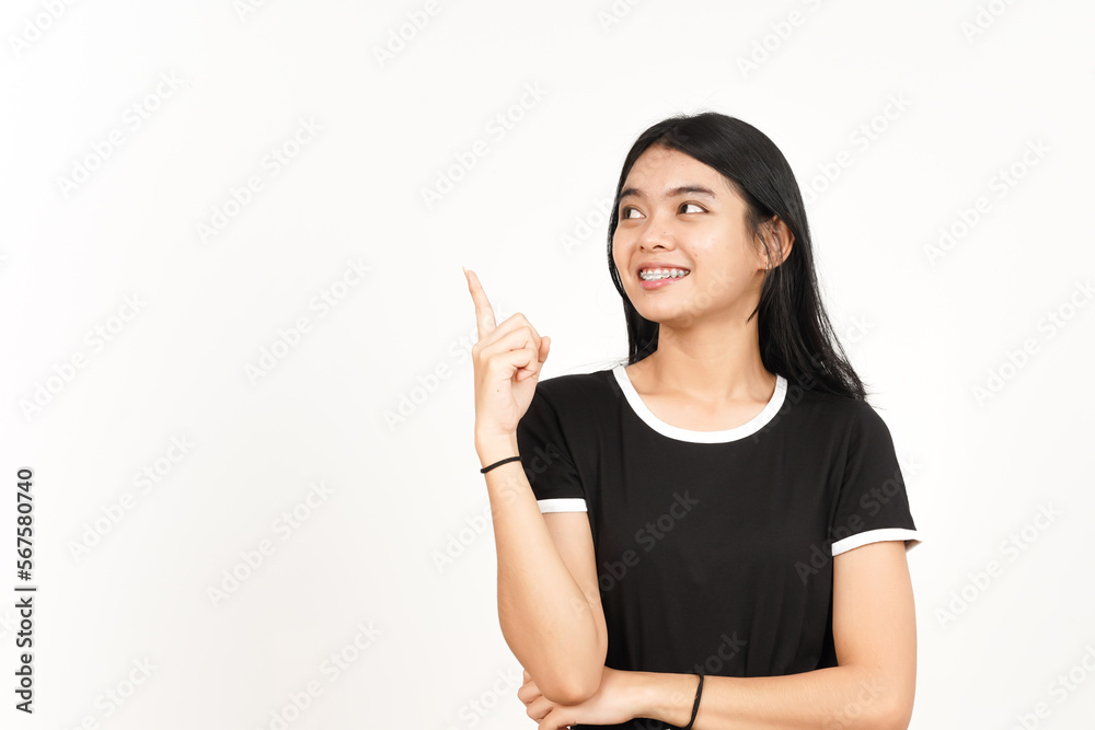 Showing Product and Pointing Side using forefinger Of Beautiful Asian Woman Isolated On White Showing Product and Pointing Side using forefinger Of Beautiful Asian Woman Isolated On White