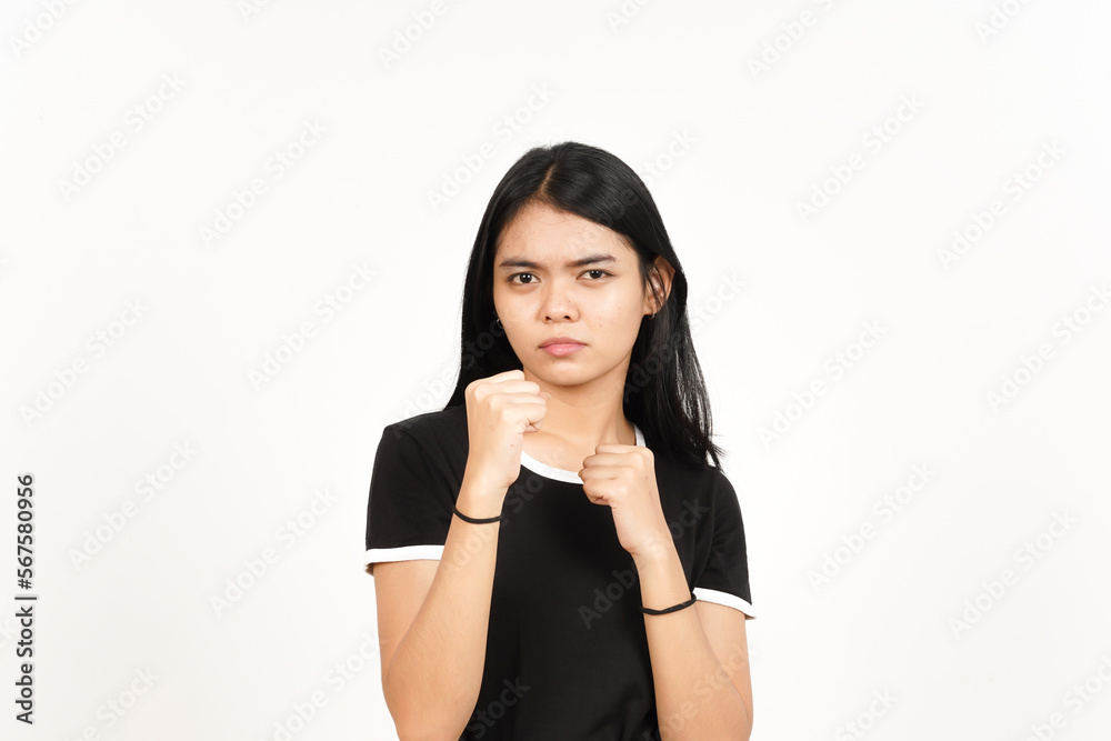 Punching fist to fight or angry Of Beautiful Asian Woman Isolated On White Background Punching fist to fight or angry Of Beautiful Asian Woman Isolated On White Background