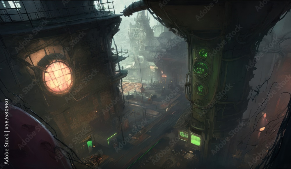 Fototapeta premium Steampunk city cramped street hight poor street neon 5