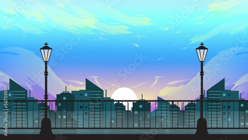Sunrise in city, urban skyline with sun rising above skyscraper buildings, view from bridge. Morning metropolis cityscape with Street Lamp , town architecture, and Beautiful Cloud Vector illustration