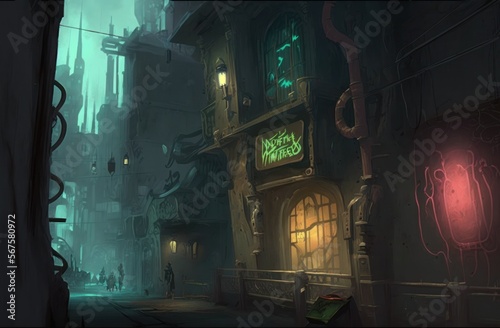 Steampunk  city cramped street hight poor street neon 9