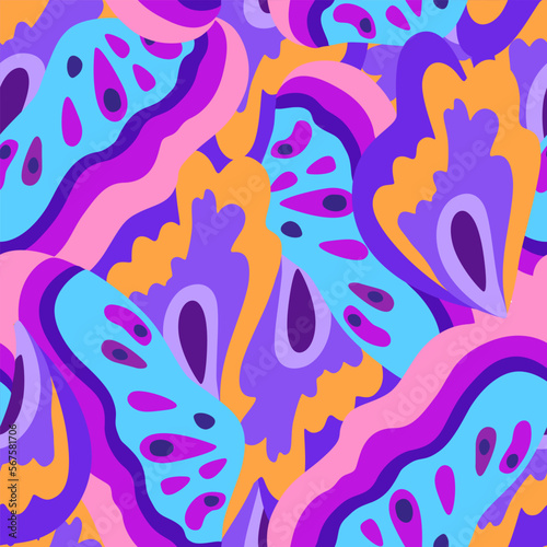 Colorful ornamental psychedelic pattern. Funky vector texture with colorful abstract organic shapes.