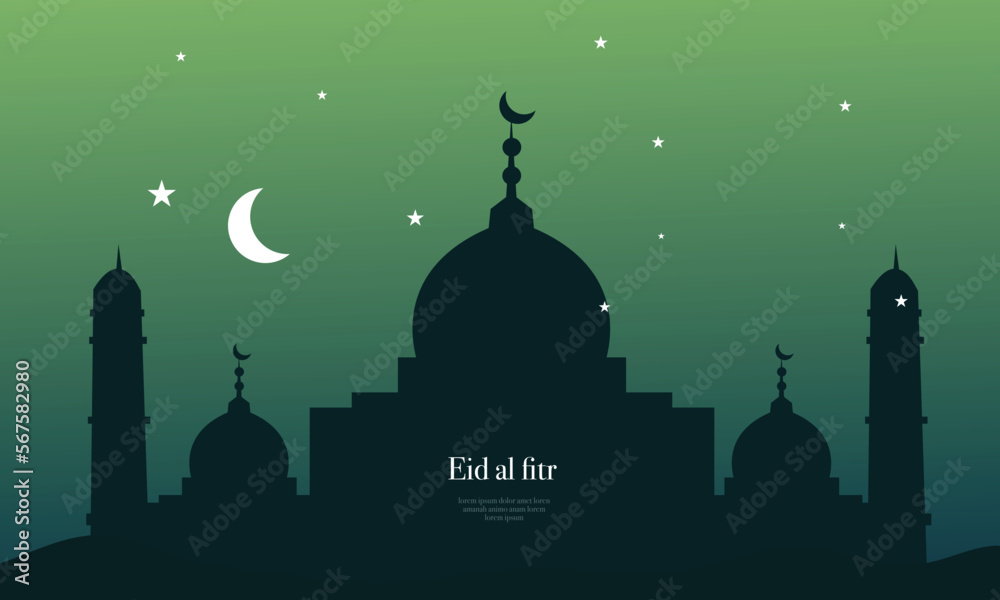 ramadan kareem eid-al fitr poster template with ornament lettern and mosque vector background design