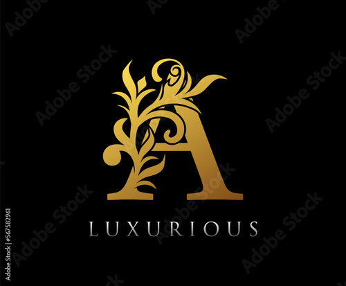Golden A Luxury Logo Icon, Vintage Swirl A Letter Logo Design..
