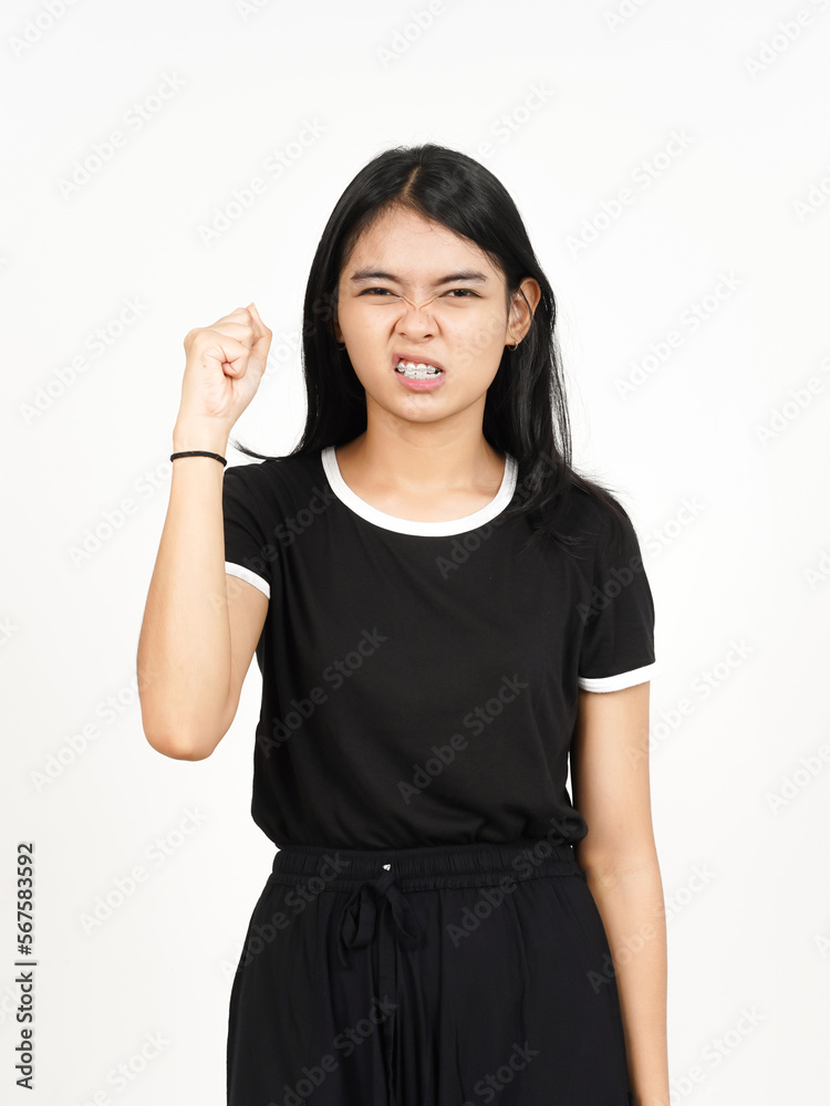 Angry face and Showing fist Of Beautiful Asian Woman Isolated On White Background Angry face and Showing fist Of Beautiful Asian Woman Isolated On White Background